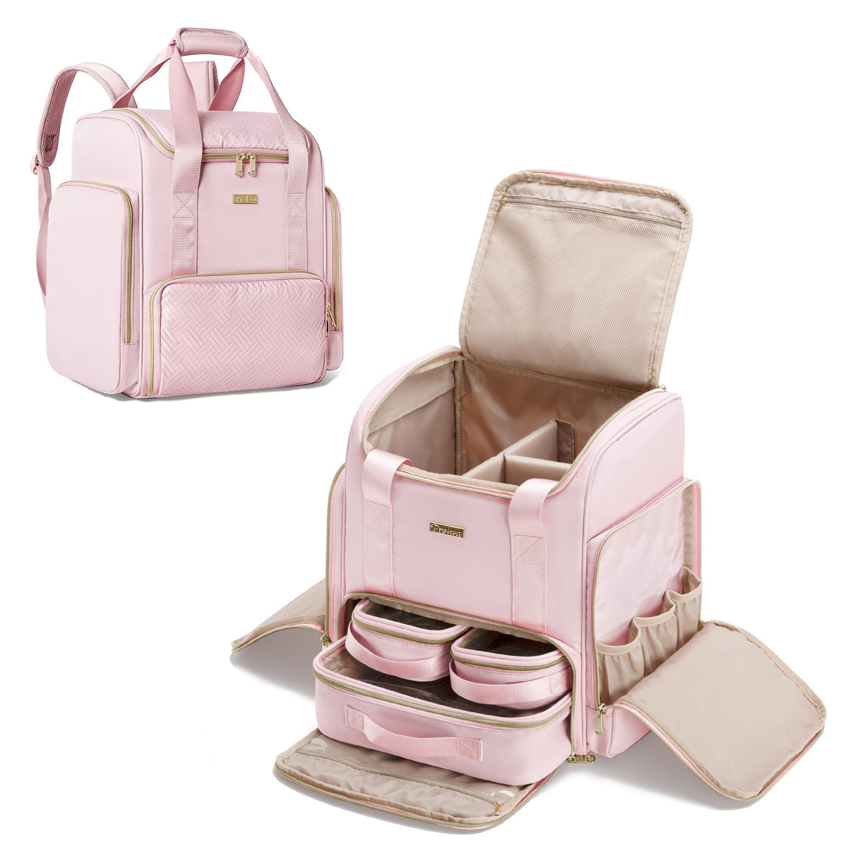 Prokva Large Makeup Backpack with 3 Clear Makeup Bags Double Layers Professional Makeup Travel Case with Brushes Storage Section for Makeup Artists Pink (Patent Design) - Urban Cart